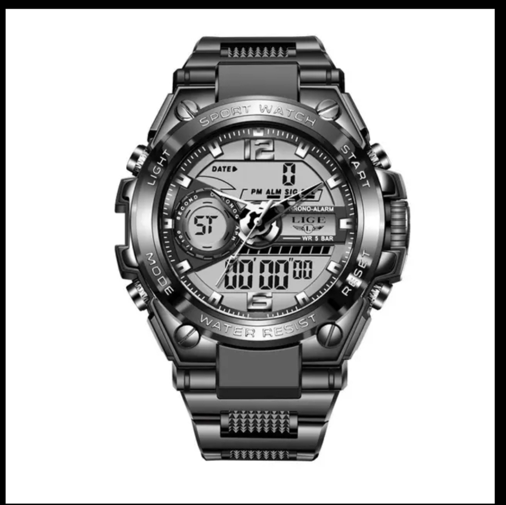 New Mens Lige Black Military Style Watch. 50m Waterproof